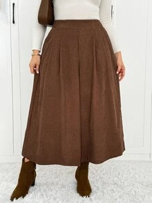 Shapeblank Women's Plus-Size Brown Cropped Wide-Leg Culottes – Stylish, Casual, Loose & Comfortable – Elastic Waist – Autumn/Winter Basic Wear,Bottom,Outfits - Brown - View 3