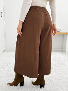 Shapeblank Women's Plus-Size Brown Cropped Wide-Leg Culottes – Stylish, Casual, Loose & Comfortable – Elastic Waist – Autumn/Winter Basic Wear,Bottom,Outfits - Brown - View 2