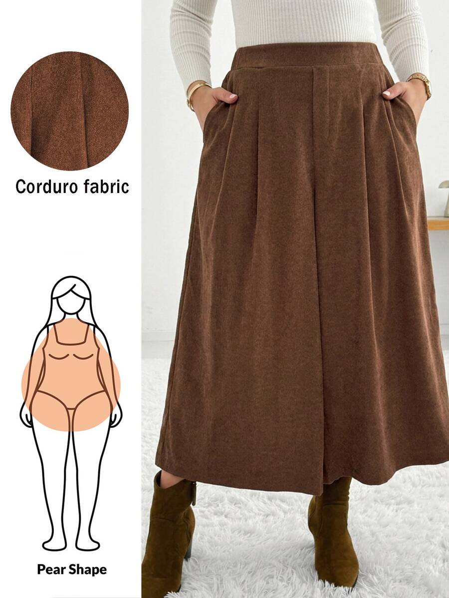 Shapeblank Women's Plus-Size Brown Cropped Wide-Leg Culottes – Stylish, Casual, Loose & Comfortable – Elastic Waist – Autumn/Winter Basic Wear,Bottom,Outfits - Brown - View 1