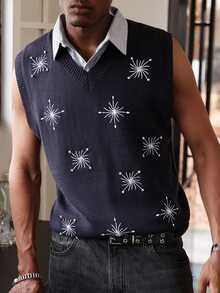 Manfinity EMRG Men's Snowflake Pattern V-Neck Casual Knitted Vest, Autumn - Multicolor - View 4
