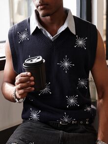 Manfinity EMRG Men's Snowflake Pattern V-Neck Casual Knitted Vest, Autumn - Multicolor - View 6