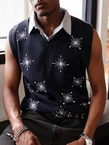 Manfinity EMRG Men's Snowflake Pattern V-Neck Casual Knitted Vest, Autumn - Multicolor - View 5