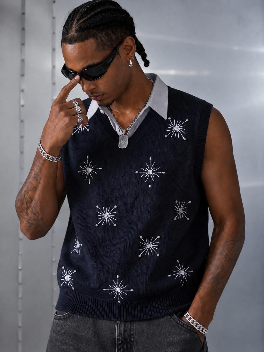 Manfinity EMRG Men's Snowflake Pattern V-Neck Casual Knitted Vest, Autumn - Multicolor - View 1