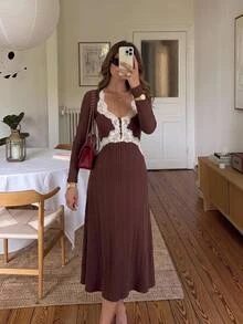 Serisse Women's Spring/Autumn French Elegant Elegant Contrast Lace Sweetheart Neckline Ribbed Knit Dress Fall/Winter Elegant Formal Luxury Business Chic - Multicolor - View 11