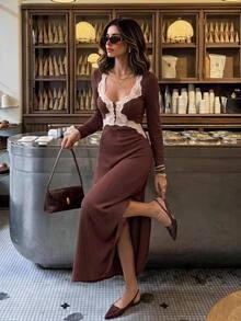 Serisse Women's Spring/Autumn French Elegant Elegant Contrast Lace Sweetheart Neckline Ribbed Knit Dress Fall/Winter Elegant Formal Luxury Business Chic - Multicolor - View 3
