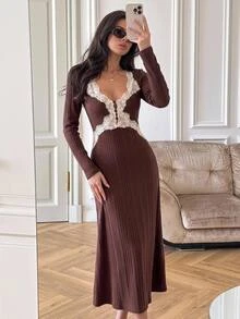 Serisse Women's Spring/Autumn French Elegant Elegant Contrast Lace Sweetheart Neckline Ribbed Knit Dress Fall/Winter Elegant Formal Luxury Business Chic - Multicolor - View 12
