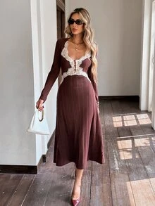Serisse Women's Spring/Autumn French Elegant Elegant Contrast Lace Sweetheart Neckline Ribbed Knit Dress Fall/Winter Elegant Formal Luxury Business Chic - Multicolor - View 5