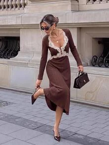 Serisse Women's Spring/Autumn French Elegant Elegant Contrast Lace Sweetheart Neckline Ribbed Knit Dress Fall/Winter Elegant Formal Luxury Business Chic - Multicolor - View 13