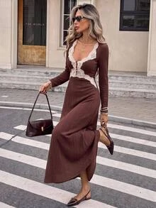 Serisse Women's Spring/Autumn French Elegant Elegant Contrast Lace Sweetheart Neckline Ribbed Knit Dress Fall/Winter Elegant Formal Luxury Business Chic - Multicolor - View 9