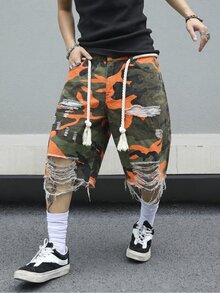 Manfinity EMRG 男士迷彩圖案做舊毛邊口袋鈕扣牛仔短褲，度假風 - 彩色 - 查看 4