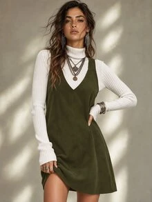 Calvaya Casual Solid Color Sleeveless Dress, Versatile For Autumn - Army Green - View 1