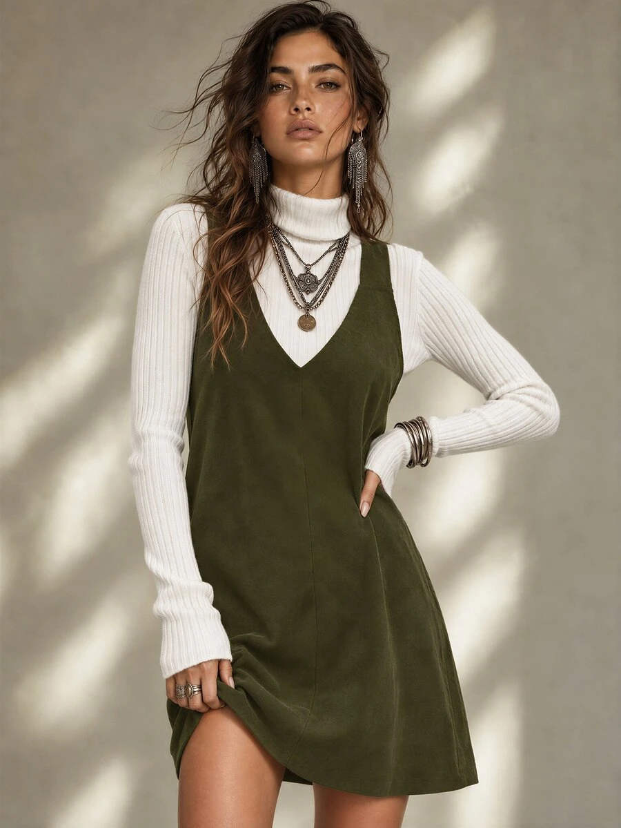 Calvaya Casual Solid Color Sleeveless Dress, Versatile For Autumn - Army Green - View 1