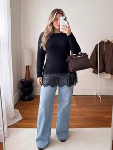 Vionelle Plus Size Women's Solid Color Casual Elegant Pullover Knit Sweater Side Slit Lace Patchwork Hem Long Sleeve Fall Formal Vacation Black Dinner Party - Black - View 7