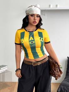 Coolane Women's Plus Size Summer Fall Y2K Anti Social Baggy Streetwear Vintage Game Day Going Out Vacation Birthday Green Yellow Letter Print Top Brazil - Yellow - View 8