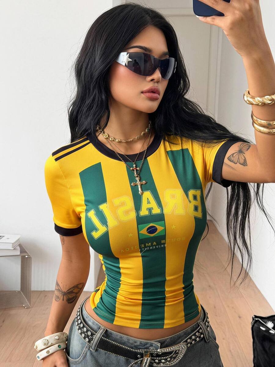 Coolane Women's Plus Size Summer Fall Y2K Anti Social Baggy Streetwear Vintage Game Day Going Out Vacation Birthday Green Yellow Letter Print Top Brazil