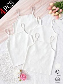 4件組女童基本款極簡緊身可愛純色細肩帶背心內衣套裝，可追溯棉質面料，秋季運動款，全白 - 白色 - 查看 3