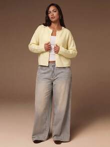 SHEIN Tall CURVE Cardigan Rajut Lengan Panjang Kancing Tunggal Serbaguna untuk Ukuran Plus - Kuning - View 3