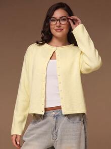 SHEIN Tall CURVE Cardigan Rajut Lengan Panjang Kancing Tunggal Serbaguna untuk Ukuran Plus - Kuning - View 5