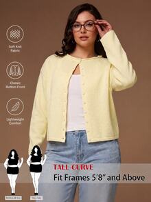 SHEIN Tall CURVE Cardigan Rajut Lengan Panjang Kancing Tunggal Serbaguna untuk Ukuran Plus - Kuning - View 1
