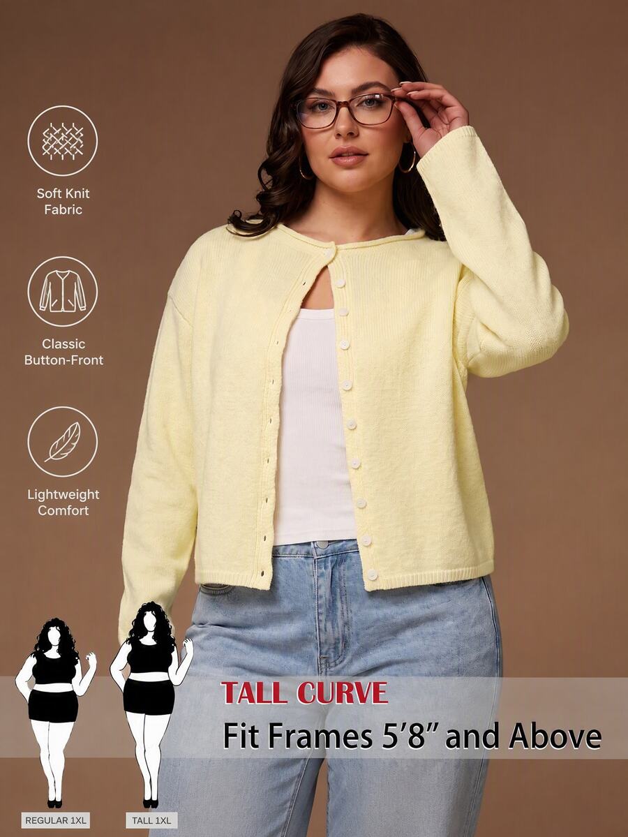 SHEIN Tall CURVE Cardigan Rajut Lengan Panjang Kancing Tunggal Serbaguna untuk Ukuran Plus - Kuning - View 1