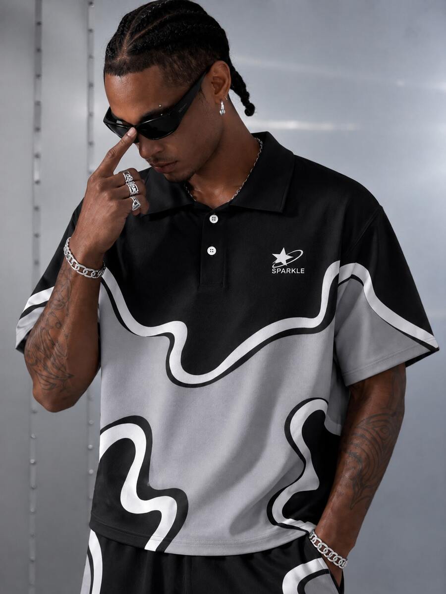 Manfinity EMRG Men's Summer Casual Fashion Street Style Daily Commute Letter Star Print Contrast Color Short Sleeve Polo Shirt - Multicolor - View 1