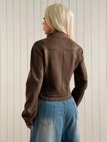 SHEIN EZwear 棕色仿麂皮女款夾克，適合公路旅行、波多黎各度假、秋季休閒穿搭 - 咖啡棕 - 查看 4