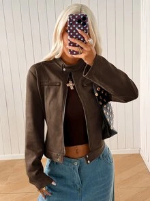 SHEIN EZwear 棕色仿麂皮女款夾克，適合公路旅行、波多黎各度假、秋季休閒穿搭 - 咖啡棕 - 查看 9