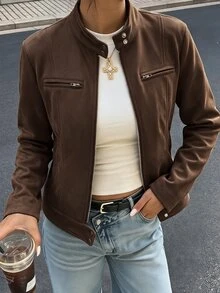 SHEIN EZwear 棕色仿麂皮女款夾克，適合公路旅行、波多黎各度假、秋季休閒穿搭 - 咖啡棕 - 查看 2