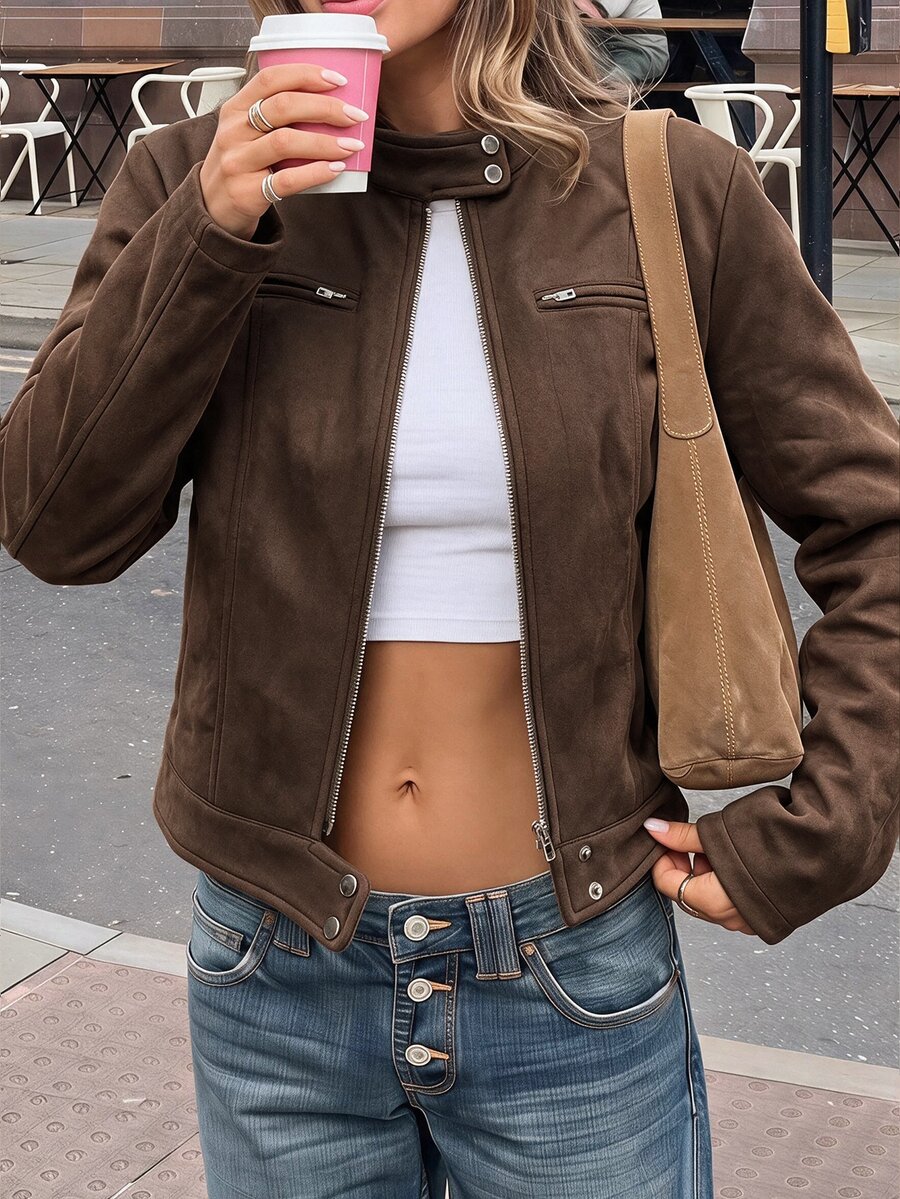 SHEIN EZwear 棕色仿麂皮女款夾克,適合公路旅行、波多黎各度假、秋季休閒穿搭 - 咖啡棕 - 查看 1