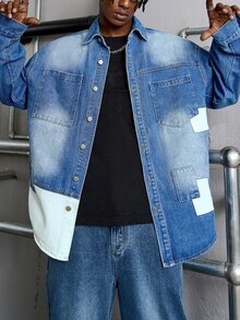Manfinity EMRG 男士春夏長袖寬鬆牛仔襯衫，雙口袋設計 - 淺色水洗藍 - 查看 4