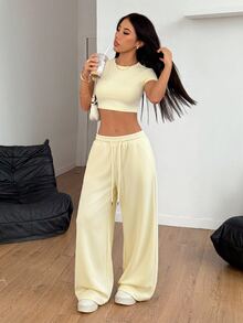 SHEIN PETITE Women's Simple Casual Short Sleeve Top And Loose Long Pants Two Pieces Set Lounge Pale Yellow Summer ,Petite Women - Light Yellow - View 7