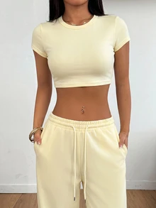 SHEIN PETITE Women's Simple Casual Short Sleeve Top And Loose Long Pants Two Pieces Set Lounge Pale Yellow Summer ,Petite Women - Light Yellow - View 6