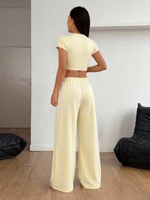 SHEIN PETITE Women's Simple Casual Short Sleeve Top And Loose Long Pants Two Pieces Set Lounge Pale Yellow Summer ,Petite Women - Light Yellow - View 2
