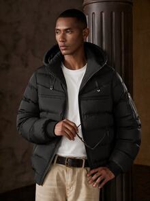 GETOML Men Hooded Padded Puffer Jacket, Zip Up Quilted Chest Pocket, Black Heavyweight Warm Winter Coat, Casual Halloween Christmas Winter Party Autumn - Black - View 7
