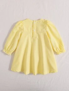 Playful Pals 1件女嬰公主風荷葉邊A字洋裝，可愛甜美黃色條紋蜜蜂花卉長袖圓領輕便連身裙，適合春季度假野餐，舒適休閒芭蕾風 - 黃色 - 查看 2