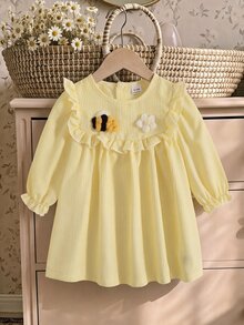 Playful Pals 1件女嬰公主風荷葉邊A字洋裝，可愛甜美黃色條紋蜜蜂花卉長袖圓領輕便連身裙，適合春季度假野餐，舒適休閒芭蕾風 - 黃色 - 查看 5