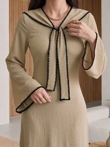 Rue Lumi Women's Front Knot Long Sleeve Knit Dress Work Office Tea Party Black Fall French Elegant - Khaki - View 4
