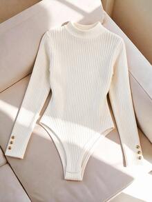 Selianne White Semi-High Neck Knit Bodysuit, Vertical Ribbed Cuffs Metal Button Elastic Slim Fit Long Sleeve Base Layer Top, European And American Minimalist Sexy Style, Gentle Pure Desire Style, Mature Commuter Elegant Style, Versatile Slim Fit Base Layer Style, Daily Base Layer Layering, Commuting To Work, Street Photography, Best Friend Date, Outing Store Visit Look - White - View 5