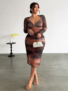 Firerie Minimalist Long Sleeve Printed Mesh Dress Fall, Fall/Winter, Thanksgiving, New Year - Multicolor - View 6