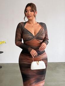 Firerie Minimalist Long Sleeve Printed Mesh Dress Fall, Fall/Winter, Thanksgiving, New Year - Multicolor - View 5