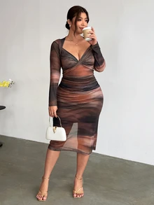 Firerie Minimalist Long Sleeve Printed Mesh Dress Fall, Fall/Winter, Thanksgiving, New Year - Multicolor - View 7