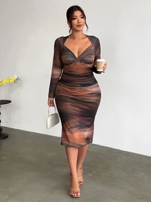Firerie Minimalist Long Sleeve Printed Mesh Dress Fall, Fall/Winter, Thanksgiving, New Year - Multicolor - View 9
