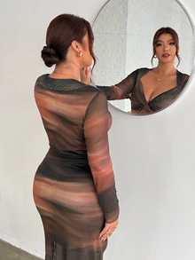 Firerie Minimalist Long Sleeve Printed Mesh Dress Fall, Fall/Winter, Thanksgiving, New Year - Multicolor - View 10
