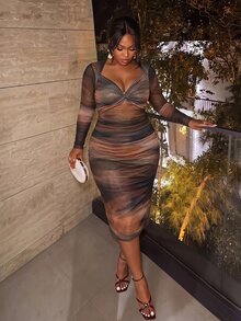 Firerie Minimalist Long Sleeve Printed Mesh Dress Fall, Fall/Winter, Thanksgiving, New Year - Multicolor - View 3