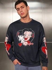Betty Boop x SHEIN Men's Heart Print Long Sleeve Casual Pullover Sweatshirt - Black - View 1