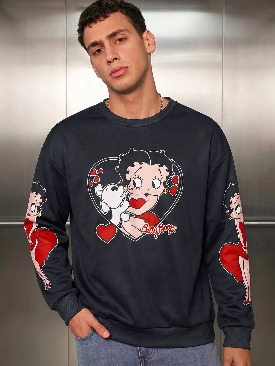 Betty Boop x SHEIN Men's Heart Print Long Sleeve Casual Pullover Sweatshirt - Black - View 1