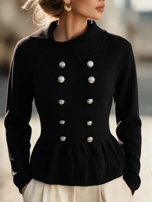Omancia Autumn/Winter Black Lapel Knit Sweater - Black - View 3