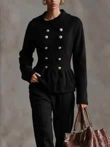 Omancia Autumn/Winter Black Lapel Knit Sweater - Black - View 5