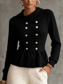 Omancia Autumn/Winter Black Lapel Knit Sweater - Black - View 6