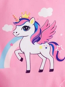 SHEIN 貼身女童秋冬睡衣套裝，長袖上衣＋長褲，甜美獨角獸星星月亮雲朵彩虹印花布料，嬰兒洗禮粉色 - 粉色 - 查看 4